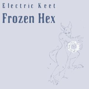 Cover artwork for the album Frozen Hex. It is a pale blue background with the name of the artist and album at the top left in blobby, dark blue type. The bottom right has a line art illustration of an anthropomorphic kangaroo posed dramatically with hands in motion, manipulating some fort of energy into a roughly hexagonal shape.